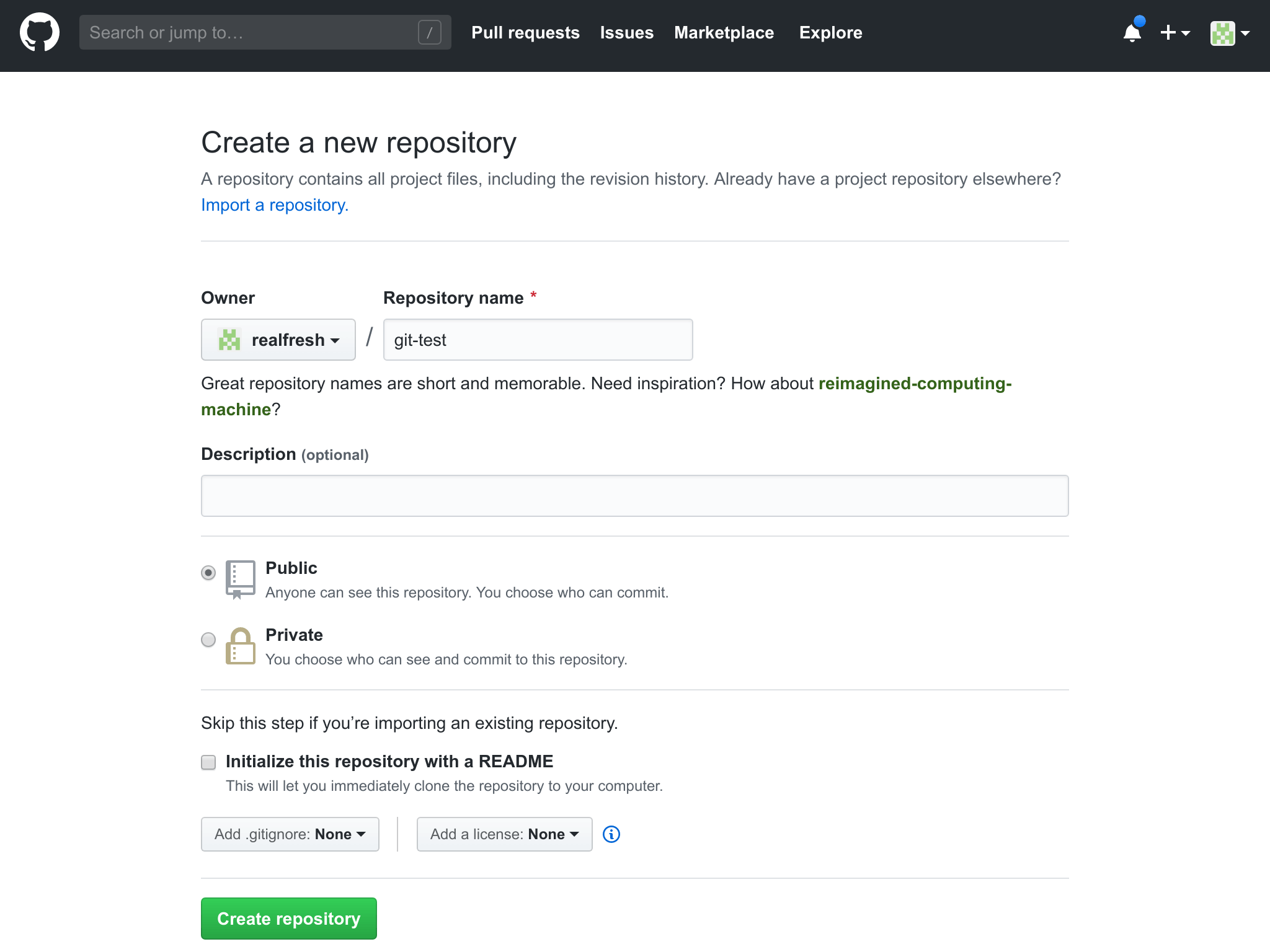 GitHub create a new repo details